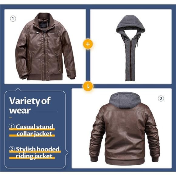 Men's Faux Leather Jacket Motorcycle Waterproof Windproof Vintage Bomber Hoodie - Picture 2 of 7